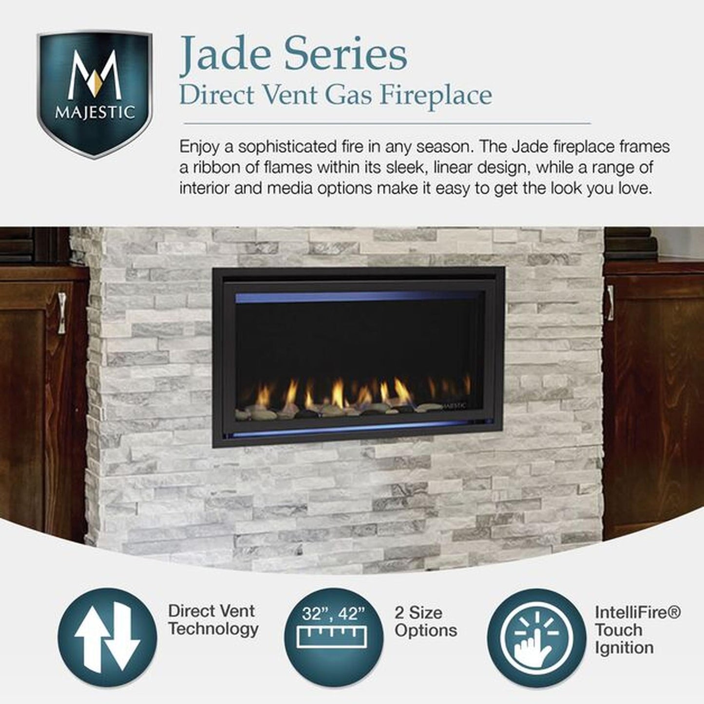 Majestic Jade 42" Linear Contemporary Direct Vent Propane Gas Fireplace With IntelliFire Touch Ignition System