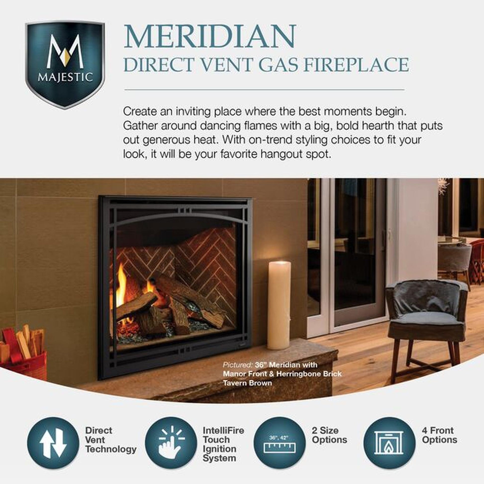 Majestic Meridian 36" Traditional Top/Rear Direct Vent Propane Gas Fireplace With IntelliFire Touch ignition System