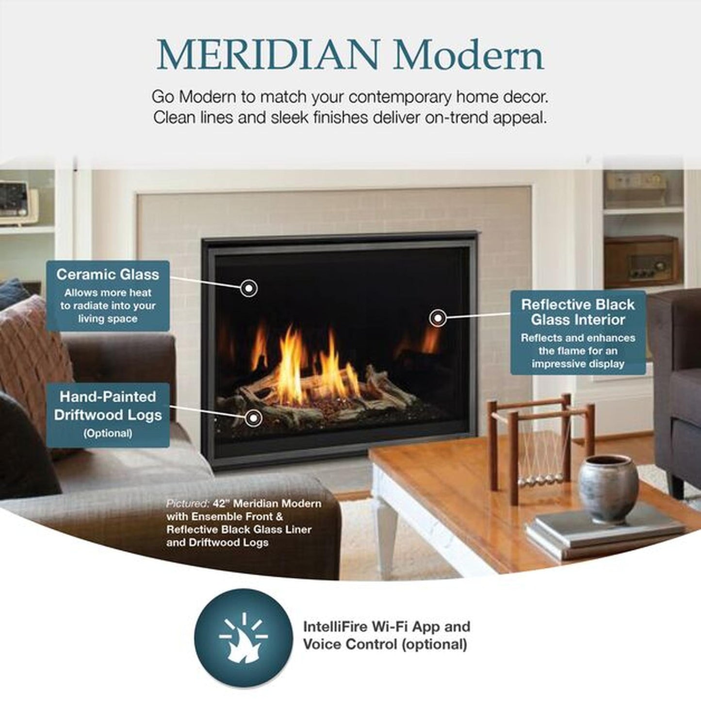 Majestic Meridian Modern 36" Traditional/Contemporary Top Direct Vent Natural Gas Fireplace With IntelliFire Touch ignition System