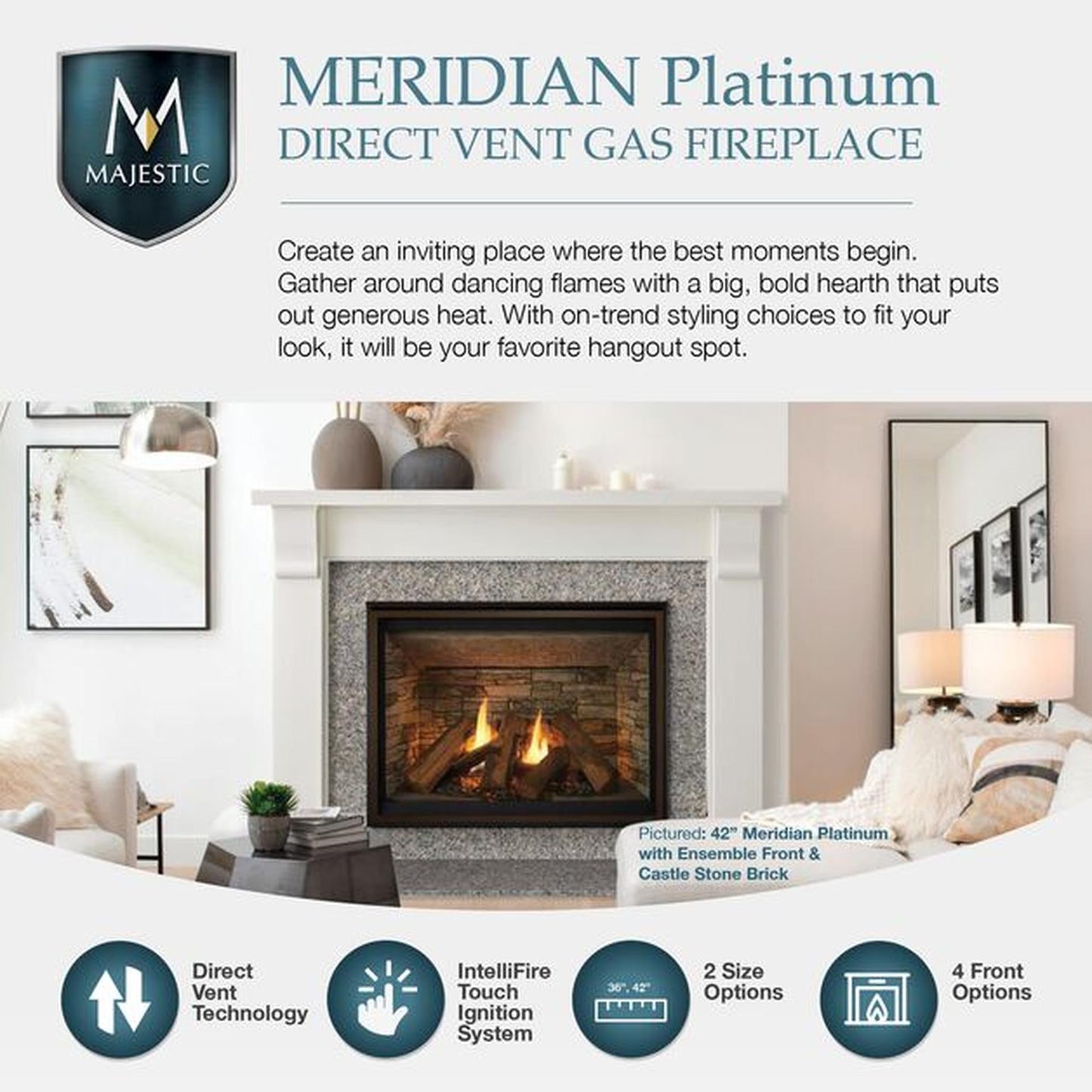 Majestic Meridian Platinum 42" Traditional Top/Rear Direct Vent Propane Gas Fireplace With IntelliFire Touch ignition System