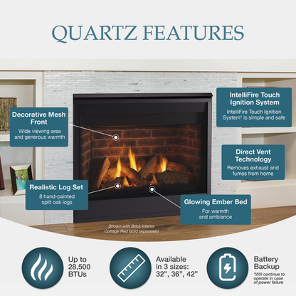 Majestic Quartz Platinum 36" Traditional Top/Rear Direct Vent Propane Gas Fireplace With IntelliFire Touch Ignition System