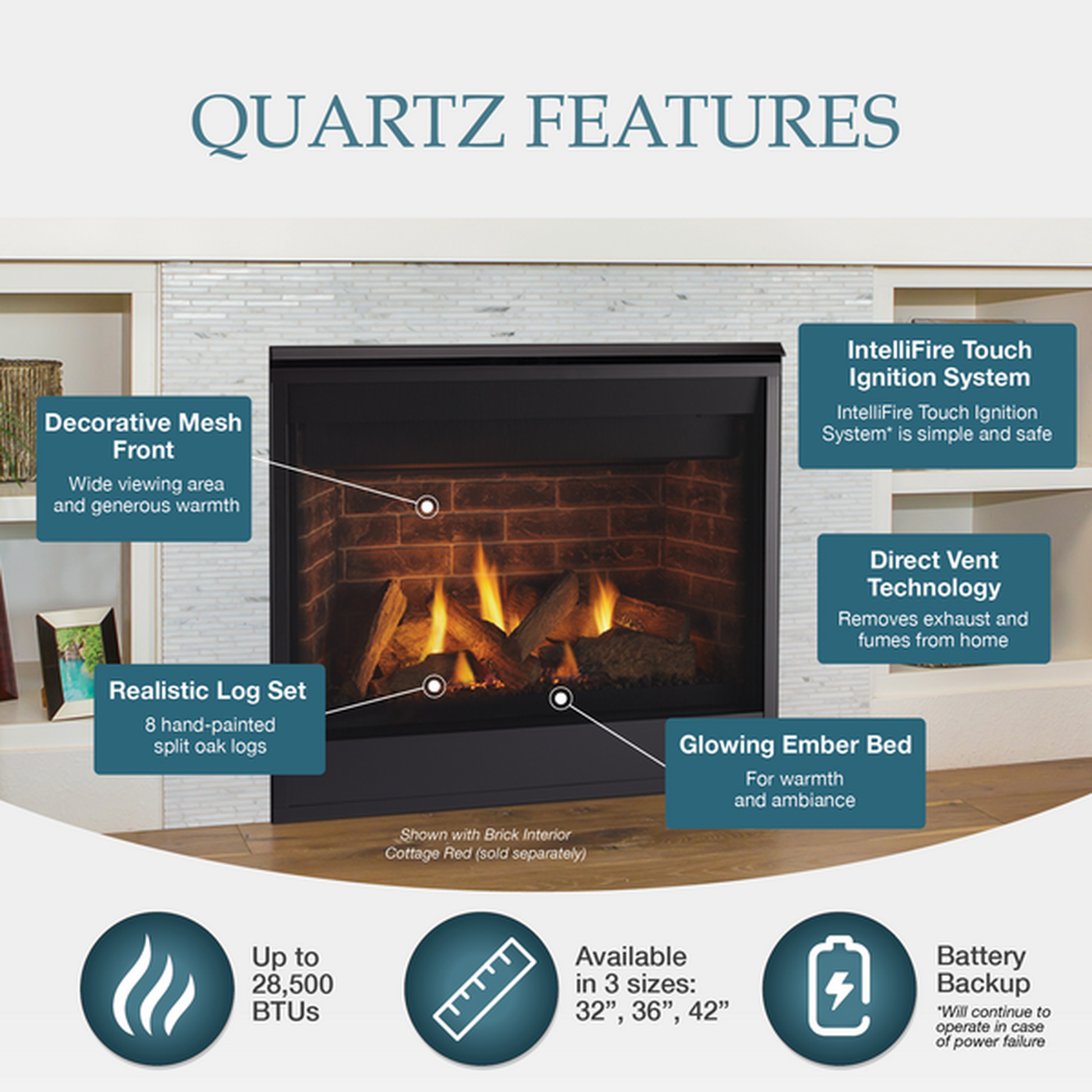 Majestic Quartz Platinum 36" Traditional Top/Rear Direct Vent Propane Gas Fireplace With IntelliFire Touch Ignition System
