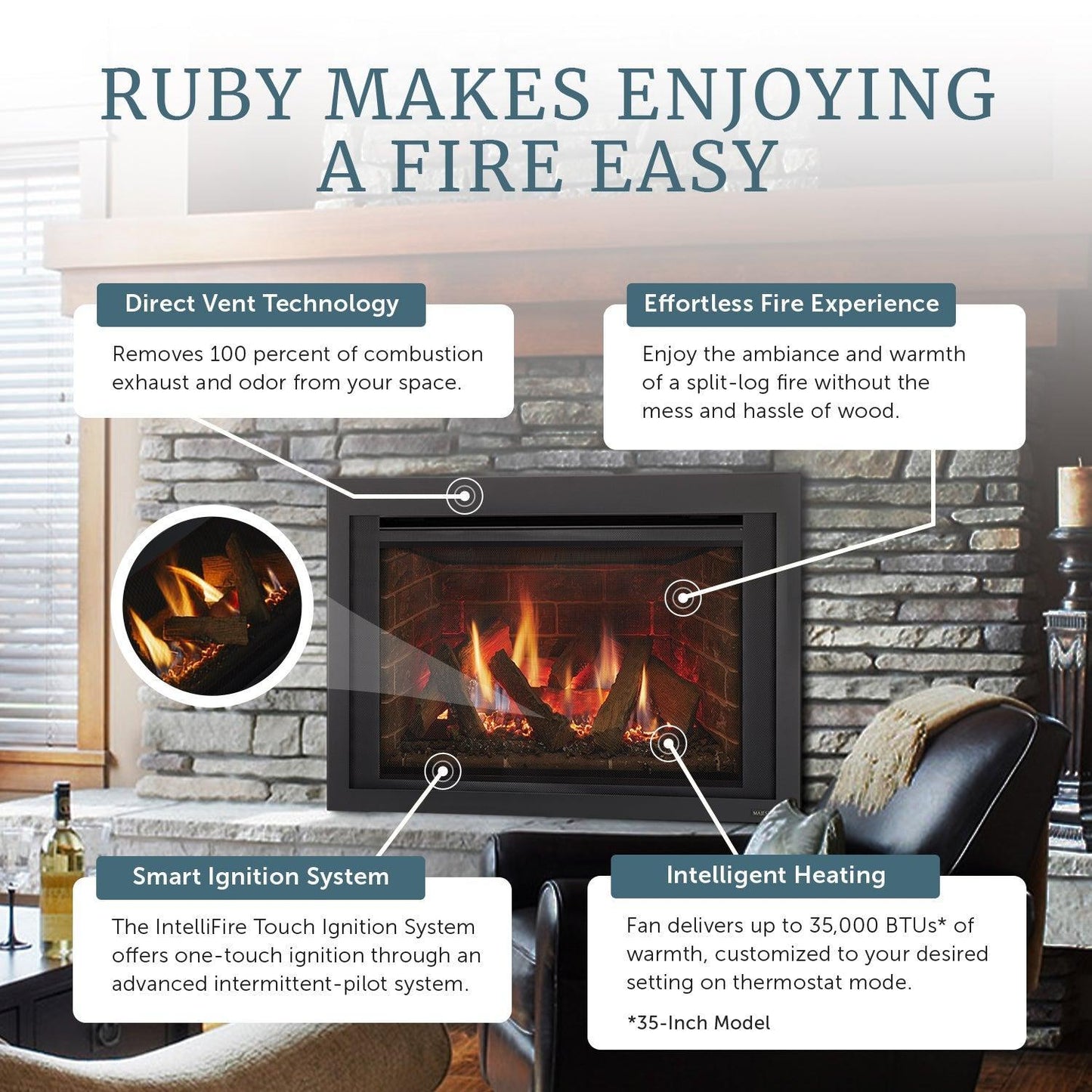 Majestic Ruby 30" Traditional Direct Vent Propane Gas Fireplace Insert With IntelliFire Touch Ignition System