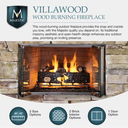 Majestic Villawood 36" Traditional Outdoor Wood Burning Fireplace With Traditional Refractory